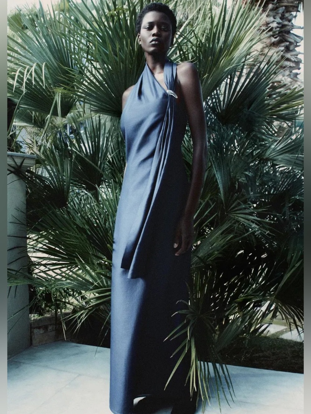 COS Women's Blue Asymmetric Brooch-detail Maxi Dress